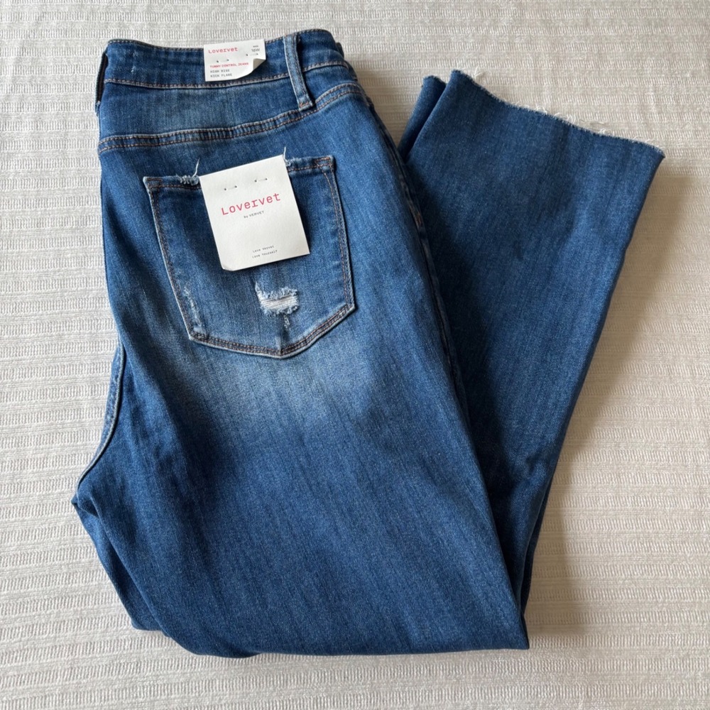 Lovervet by Vervet High Rise Kick Flare Tummy Control Jeans Distressed Blue 16W